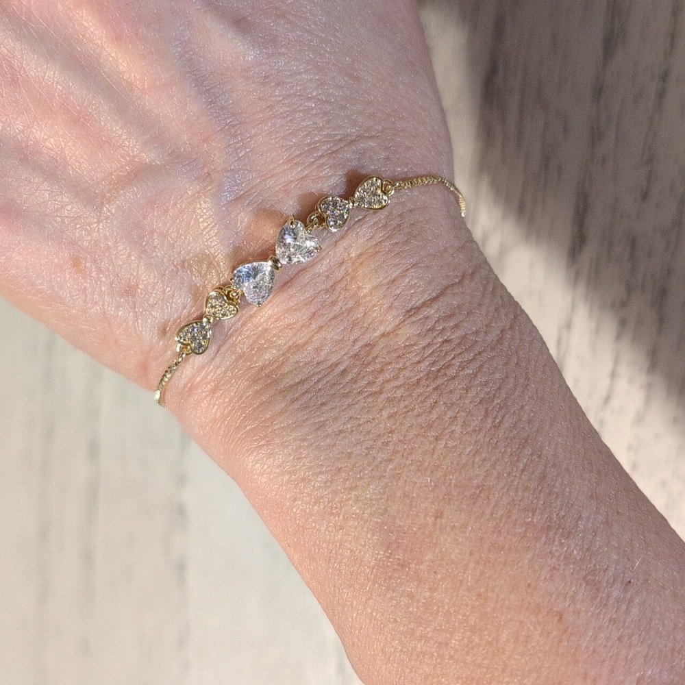 New Elegant Yellow Gold and Silver Cubic  Zirconia Heart Bracelet - Picture 3 of 5